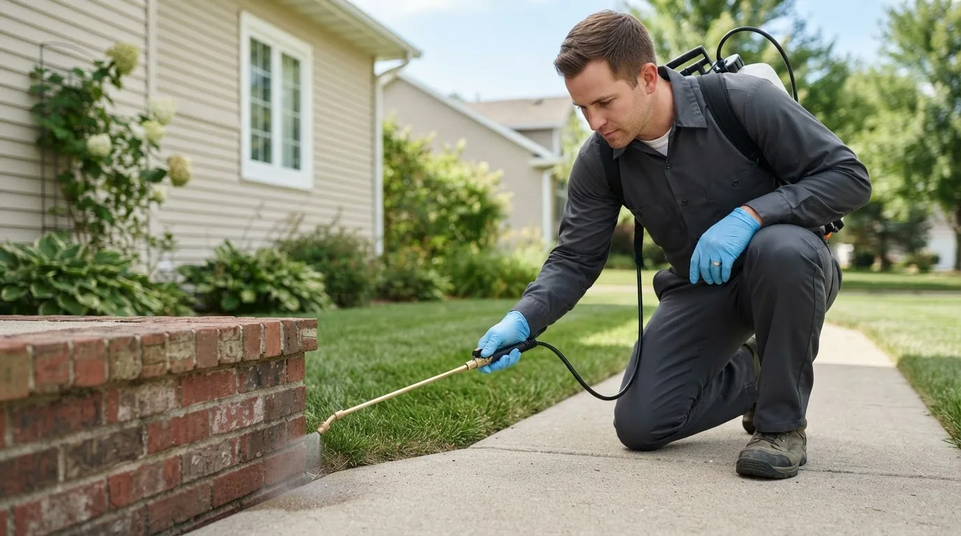 Pest control technician treating a home near New Virginia, IA