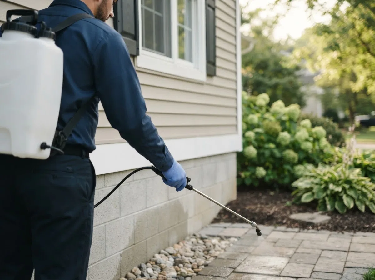 Pest control technician inspecting a home in New Virginia, IA